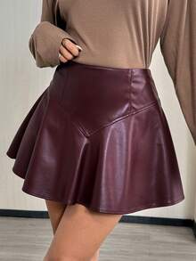 Easowa Jupe décontractée élégante pour femmes, taille cintrée, en PU, avec ourlet à volants, pour l'automne/l'hiver - Tabac - Voir 3