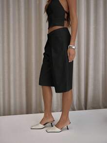 MUSERA Short droit plissé ajusté longue coupe élégante, sexy, streetwear, pour soirée, printemps, élégant, été, décontracté, vacances - Noir - Voir 4