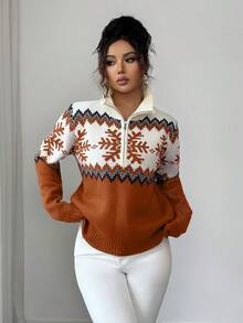 SHEIN Elenzya 优雅女士毛衣，费尔岛图案，拼色拉链毛衣，圣诞图案，秋冬毛衣 - 鏽棕色 - 查看 3