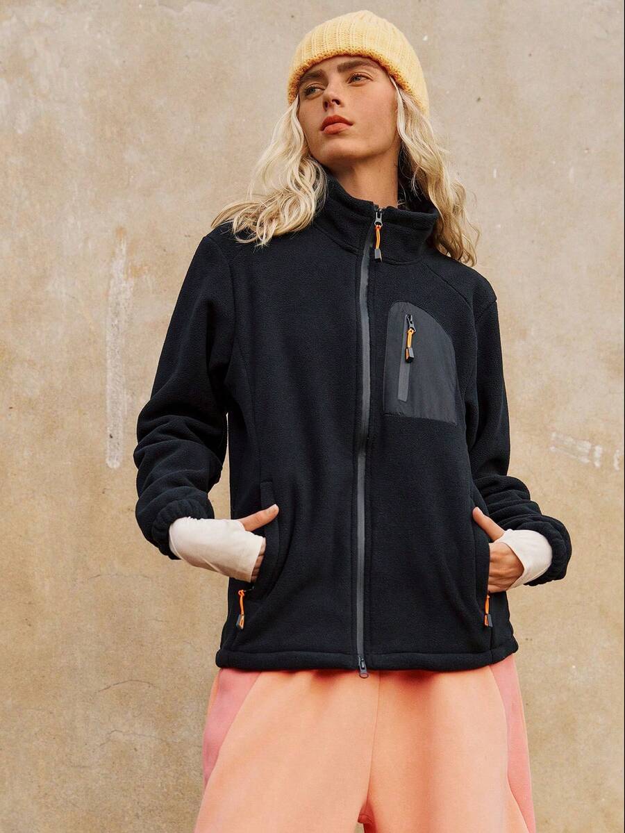 Medorelle Jachetă din fleece cu fermoar contrastant și manșete elastice pentru toamnă/iarnă - Negru - Vizualizare 1