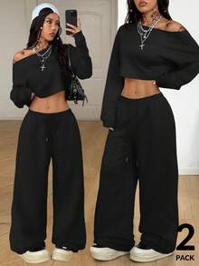 Coolane 女士秋季街头休闲日常必备舒适灰色卫衣和阔腿运动裤两件套 - 黑色 - 查看 6