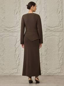 Modelyn 2pcs Women Elegant Plunging Neck Top And Midi Skirt Set