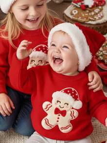 SHEIN Happikins Red Christmas, Super Cute Gingerbread Man Pattern, Baby Girls Casual Minimalist Christmas Crew Neck Long Sleeve Sweater, Suitable For Autumn/Winter Christmas, New Year, Street Style, Home, Holidays - Multicolor - View 1