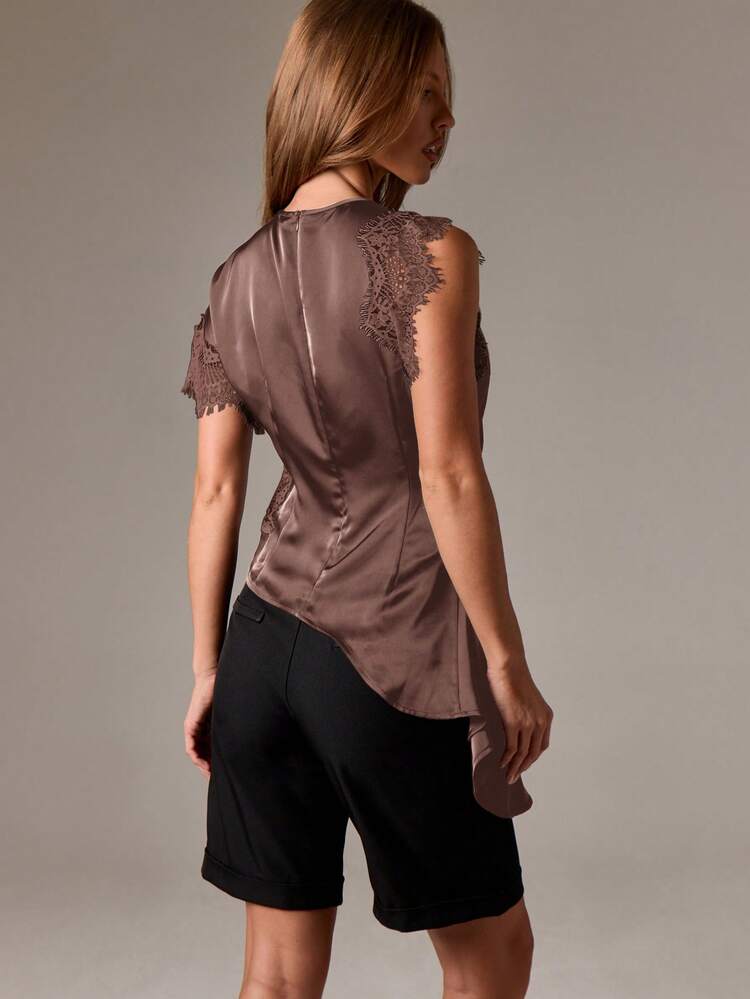 Lace Trim Asymmetrical Satin Blouse With Draped Peplum
