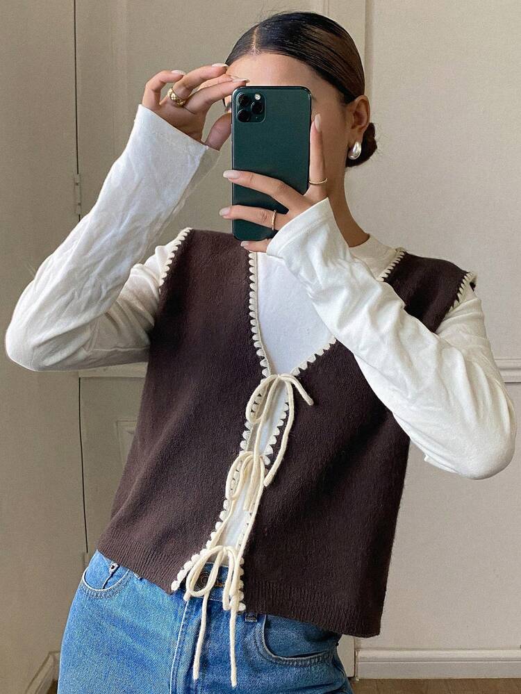 Contrast Color Ruffle Tie Loose V-Neck Sleeveless Casual Knit Sweater Vest For Women, Autumn/Winter