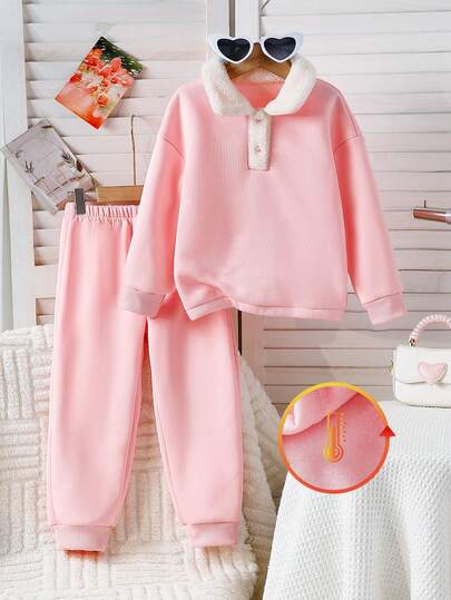 Genkimix Kids 2pcs Set Knitted Fleece Fabric Top And Pants, Warm And Comfortable For Autumn/Winter Wear, Suitable For Indoor, Daily And Outdoor Occasions