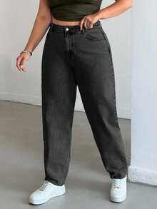 EURMUSE Plus Casual High Waist Snow Wash Mom Fit Jeans - Dark Grey - View 1
