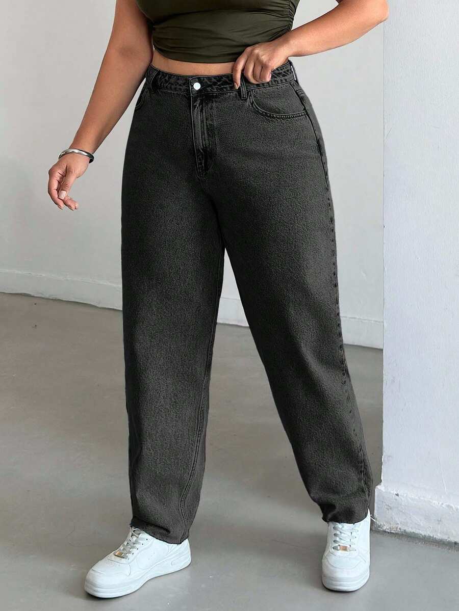 EURMUSE Plus Casual High Waist Snow Wash Mom Fit Jeans - Dark Grey - View 1