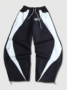 ROMWE MEN Pantalones deportivos casuales de hombre con diseño de parches de color contrastante y bajo curvo - Negro - Ver 5