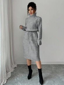 SHEIN Elenzya 女士纯色系带口袋优雅毛衣连衣裙 - 灰色 - 查看 5
