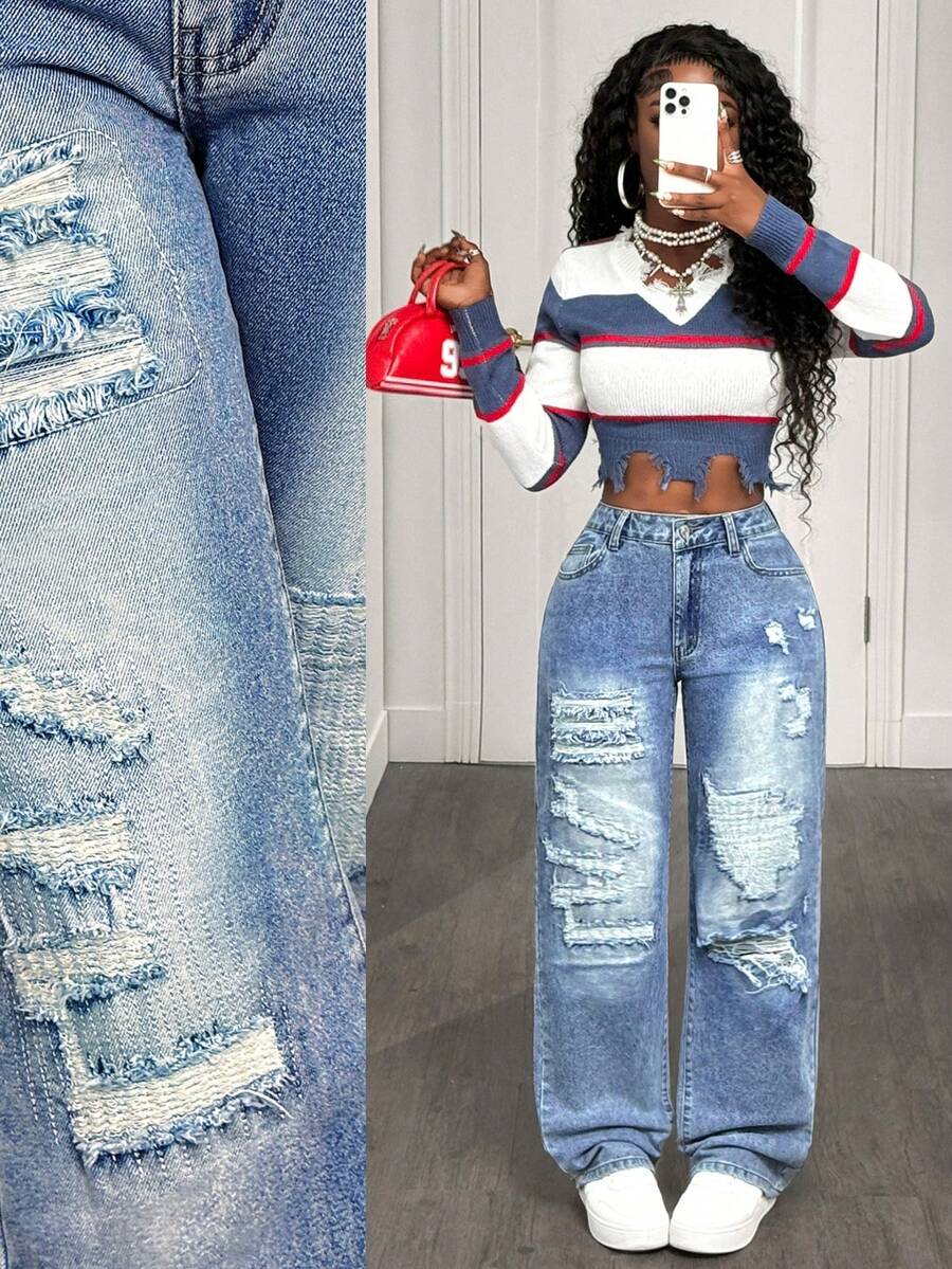 BamGleam Quần jeans ống đứng thêu họa tiết rách giặt thường ngày dành cho nữ - Rửa nhẹ - Xem 1