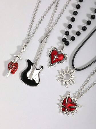 5pcs/Set Gothic Vintage Style Necklace Set Including Cross, Sun, Moon, Moth & Skull Pendant, Halloween