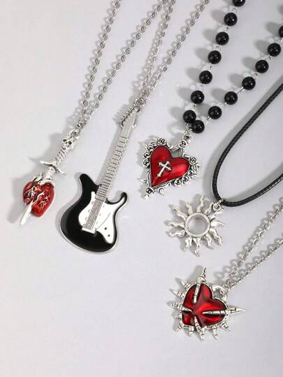 5pcs/Set Gothic Vintage Style Necklace Set Including Cross, Sun, Moon, Moth & Skull Pendant, Halloween