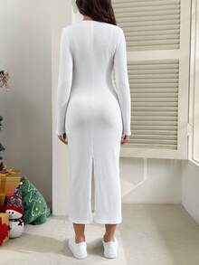 SHEIN Solid Color V-Neck Twist Knot Long Sleeve Bodycon Split Maternity Dress Spring Maternity Photoshoot Fall - White - View 5