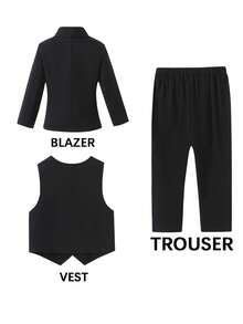 SHEIN 4 件套年轻男孩绅士西装套装 - 纹理西装外套、背心和裤子，适合生日派对、婚礼、洗礼、学校和其他场合 - 黑色 - 查看 2