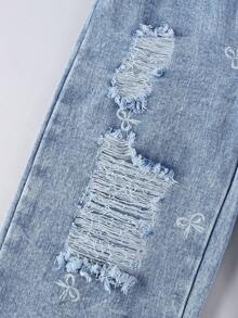 SHEIN 年轻女孩复古水洗中蓝色做旧宽松直筒牛仔裤，面料柔软舒适，休闲百搭 - 中等水洗藍 - 查看 7