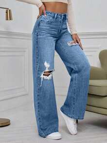 EURMUSE Washed Denim Blue High Waist Ripped Wide Leg Jeans - Medium Wash - View 5