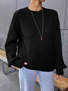 EURMUSE Casual Solid Color Drop Shoulder Sweater, Autumn/Winter - Black - View 4