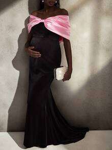 Cheriluna Maternity Elegant Off-Shoulder Bowknot Design Maternity Dress, High-End Luxurious Dress For Pregnant Women, Autumn/Winter - Black - View 3