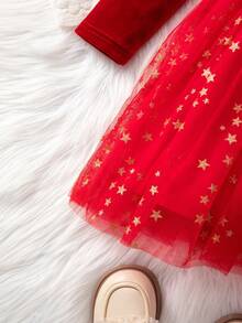 SHEIN Elegantes rotes Samtkleid mit Netzärmeln für Kleine Mädchen - Rot - Übersicht 6