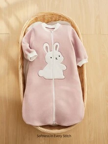 Cozy Pixies 一件式保暖抓绒刺绣大兔子长袖睡袋，适合婴幼儿，秋冬春夏四季穿着 - 暗粉 - 查看 4