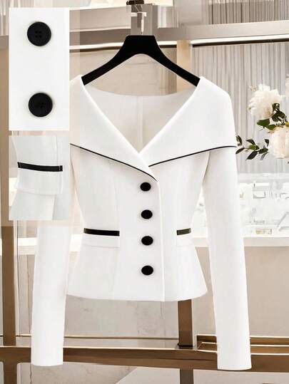 GlowEve 女士成熟领长袖腰部收紧 X 形纯黑色饰边短款优雅衬衫，职业装，适合冬季、派对