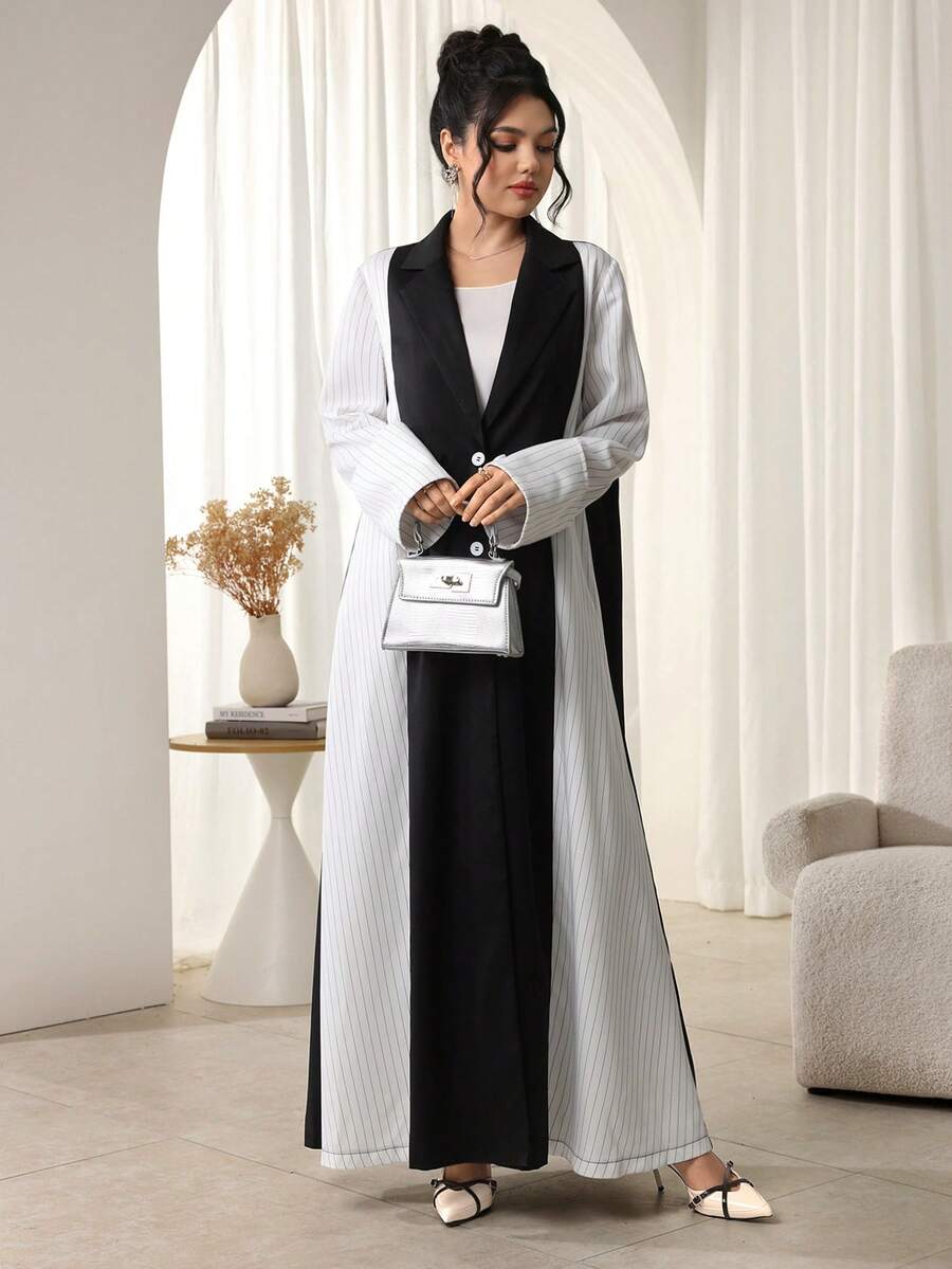 Al Najma 女士休闲宽松黑白条纹撞色长款阿拉伯长袍，秋冬季 - 黑色 - 查看 1