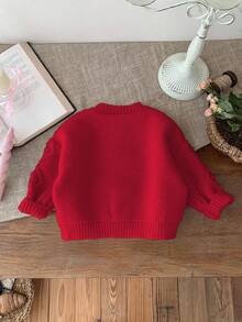 SHEIN LMoss Kids 苔藓米色长袖毛衣，可爱百搭的女婴冬季服装 - 紅色 - 查看 2