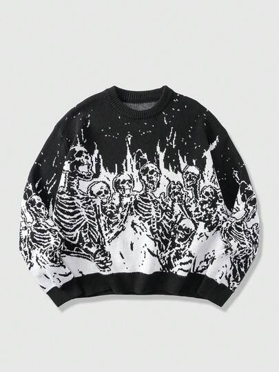 Goth Oversized Men's Skeleton Jacquard Knit Sweater