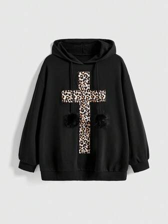Plus Size Women Grunge-Punk Street Style Cross & Leopard Print Embroidered Hoodie Sweatshirt, Casual Plus Size Gothic Pullover For Women