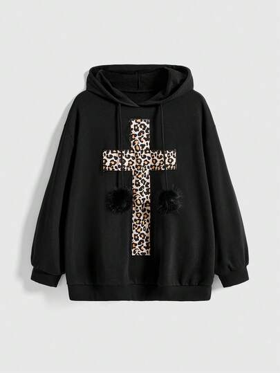 Plus Size Women Grunge-Punk Street Style Cross & Leopard Print Embroidered Hoodie Sweatshirt, Casual Plus Size Gothic Pullover For Women