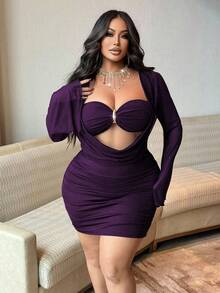 NU&NOW Plus Size Women's Bodycon Dress, Sexy Sheer Mesh Bell Sleeve Metal Buckle Party Dress, Summer Holiday Outfit - Purple - View 3
