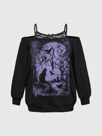 Plus Size Gothic Dark Forest Crow & Dead Tree Pattern Off-Shoulder Contrast Lace Black Gothic Vine Loose Sweatshirt