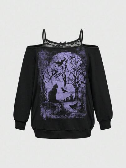Plus Size Gothic Dark Forest Crow & Dead Tree Pattern Off-Shoulder Contrast Lace Black Gothic Vine Loose Sweatshirt