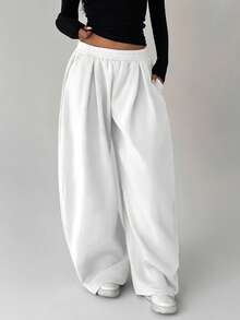 FavEase Women's Fleece Elastic Waist Solid Color Pleated Casual Sweatpants - White - View 5