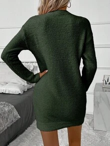 SHEIN LUNE Robe en tricot à col rond, épaules tombantes et manches longues, couleur unie, automne/hiver pour femmes - Militaire verte - Voir 2