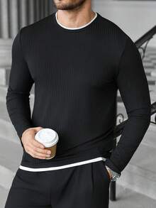 Manfinity CasualCool 男士休闲基础款圆领长袖T恤 - 黑色 - 查看 3