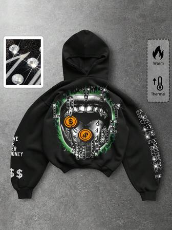 Street Life Felpa con cappuccio casual da uomo con stampa a lettere e decorazioni in strass, adatta per l'autunno/inverno