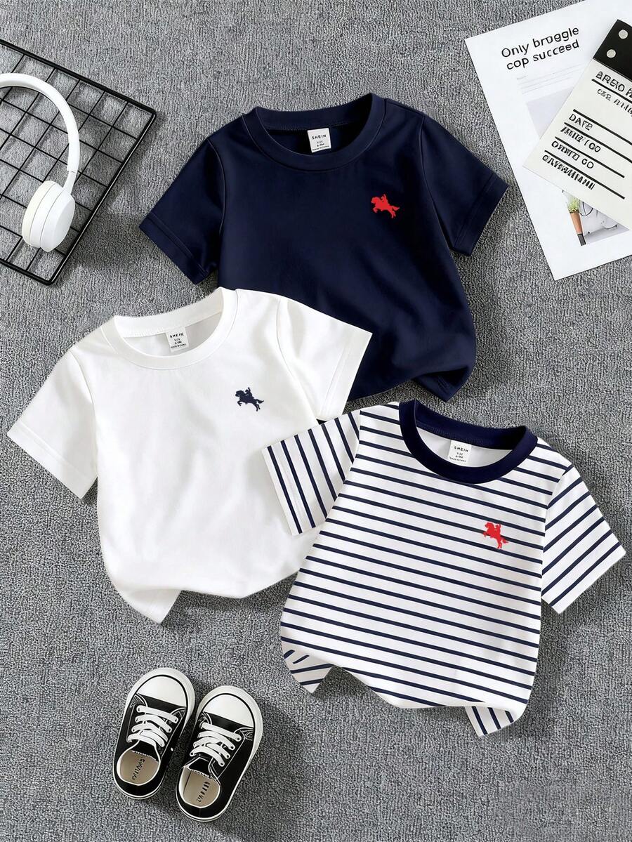 SHEIN Baby Boy 6M-3T Newborn Unisex 3-Piece, Casual Daily Knight Horse Icon Print Solid Navy, White, Navy & White Striped Soft Knit Crew Neck Short Sleeve T-Shirt, &, Baby Boy Tops, Baby Boy T-Shirts, Baby Boy Short Sleeve, Baby Boy, Baby Boy 3-Piece, Suitable For Spring, Autumn, Winter, Sports, Daily, Home, Minimalist Style, Basic Versatile Casual Daily Wear Baby Boy T-Shirt Striped Short Sleeve T-Shirt - Multicolor - View 1