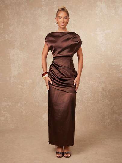 Lumalex VITNOS Elegante High End New Deep Rust Bruin Satijnen Pleated Dress, Chocolate 's Eve Outfit Women, mal Dresses Verleidelijke Vacation Holiday Semi Fall Luxe Dress able This Outfit, Gala Night, Chic Looks Of Weekend Glamour Work Delicate Romance, Enchanted Romance Gown, Draped Business Prom Graduation Dates, Going Out, Night Weddings, Holiday, Vacation, Birthday, Commute