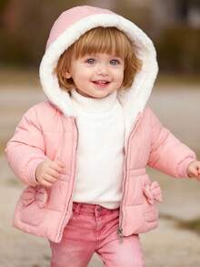 SHEIN Playful Pals 女婴休闲束腰蝴蝶结口袋泰迪熊内衬轻薄长袖拉链连帽绗缝外套，冬季连帽外套，秋季粉色女婴外套，女婴连帽外套，女婴蝴蝶结外套 - 淺粉色 - 查看 3