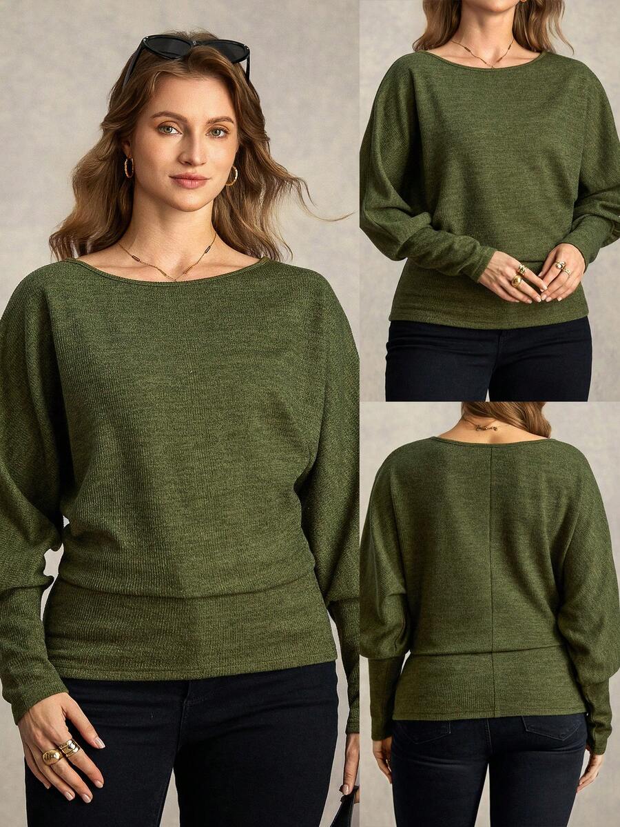 Zelara Plus Size Women Casual Round Neck Batwing Sleeve T-Shirt With Textured Fabric Long Sleeve Top Women Sweater New Year