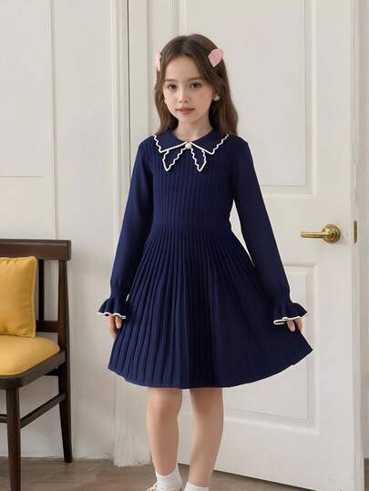 Elladie kids 女童优雅百搭基本款海军蓝新款针织连衣裙，适合小女孩 - 柔软温和的领口长袖毛衣裙，饰有装饰性饰边领口，适合日常穿着和秋冬季