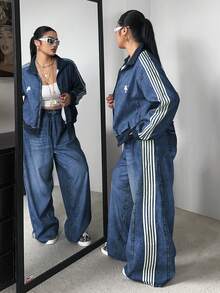 Vibekara Taglia comoda Autunno/Inverno Giacca con chiusura lampo e stampa effetto jeans a maniche lunghe + Pantaloni dritti e morbidi con stampa effetto jeans, Elegante set casual retrò da resort sportivo college in 2 pezzi