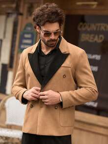 HIMLAND Men's Solid Color Minimalist Casual Long Sleeve Blazer And Pants Suit Set, Men's Double-Breasted Blazer, Camel Suit With Black Lapel, Contrast Lapel Tuxedo Wedding Groom Suit, Prom Suits For Men, Party Wear Blazer For Men, Designer Formal Suit, Color Block Suit, FW25 Men's Fashion, Men's Camel Double-Breasted Blazer With Contrast Black Lapel | A Modern Designer Suit Blazer For A Statement Look Double Breasted Suit Brown Outfit Europe - Multicolor - View 4