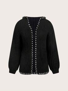 SHEIN Privé Women's Hooded Contrast Color Lantern Sleeve Casual Long Sleeve Cardigan - Black - View 1