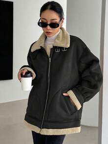 DAZY 女士仿麂皮加厚常规款夹克，冬季女式外套 - 黑色 - 查看 4