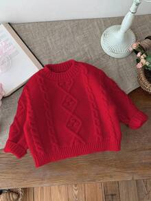 SHEIN LMoss Kids 苔藓米色长袖毛衣，可爱百搭的女婴冬季服装 - 紅色 - 查看 4