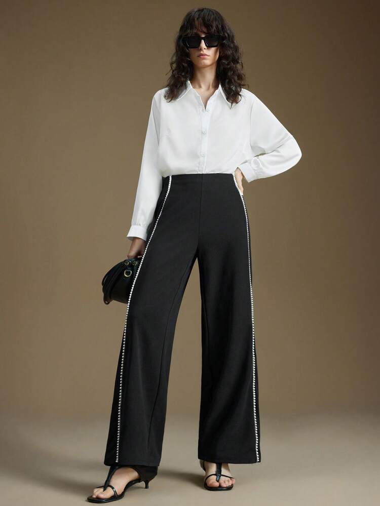 Autumn Classy Office Black And White Palazzo Pants Women,Elegant Pearl Trim Straight-Leg Professional Business Casual Formal Wear For Workplace,Dates