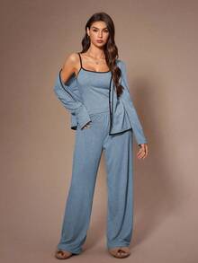 Lazeform Bộ 3 áo thun dài tay màu trơn đơn giản dành cho nữ kèm áo hai dây và quần dài, đồ mặc nhà, trang phục mùa thu đông - Màu xanh lam - Xem 8